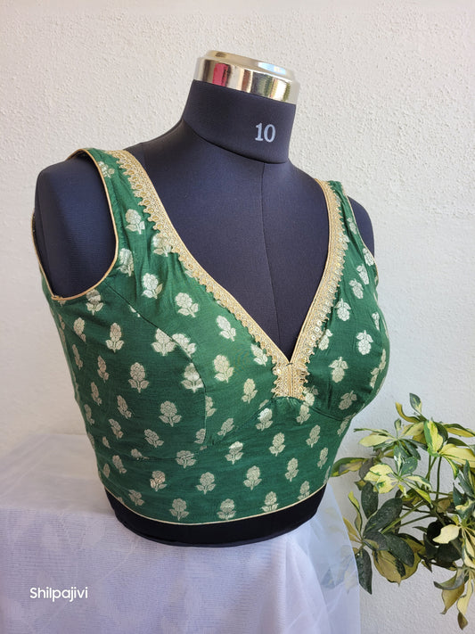 Silk Butta sleeveless padded Green Blouse