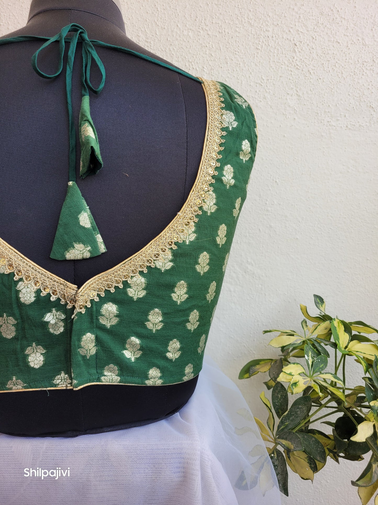 Silk Butta sleeveless padded Green Blouse