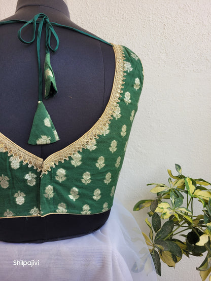 Silk Butta sleeveless padded Green Blouse