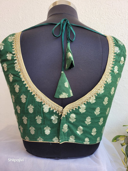 Silk Butta sleeveless padded Green Blouse
