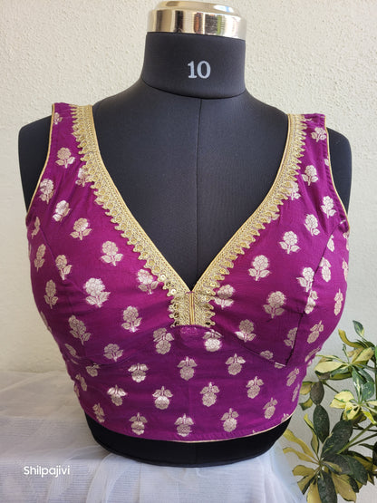 Silk Butta sleeveless padded purple Blouse