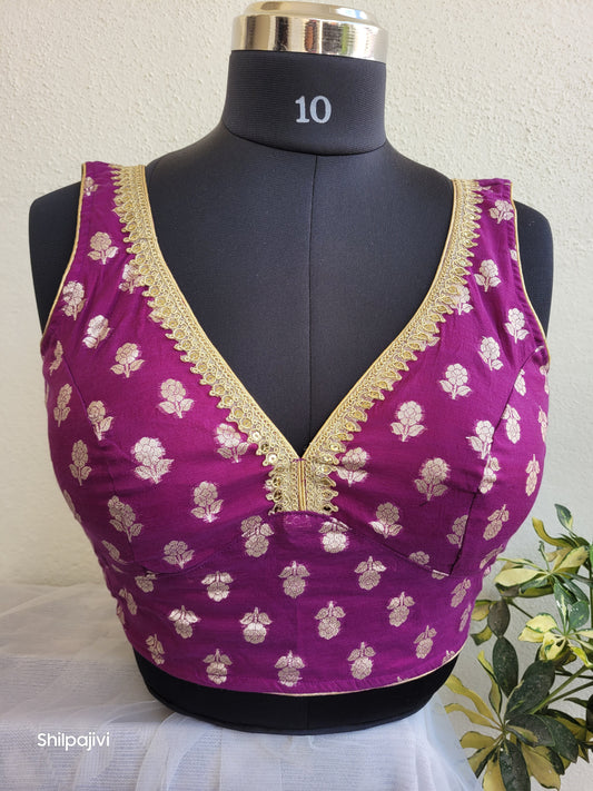 Silk Butta sleeveless padded purple Blouse