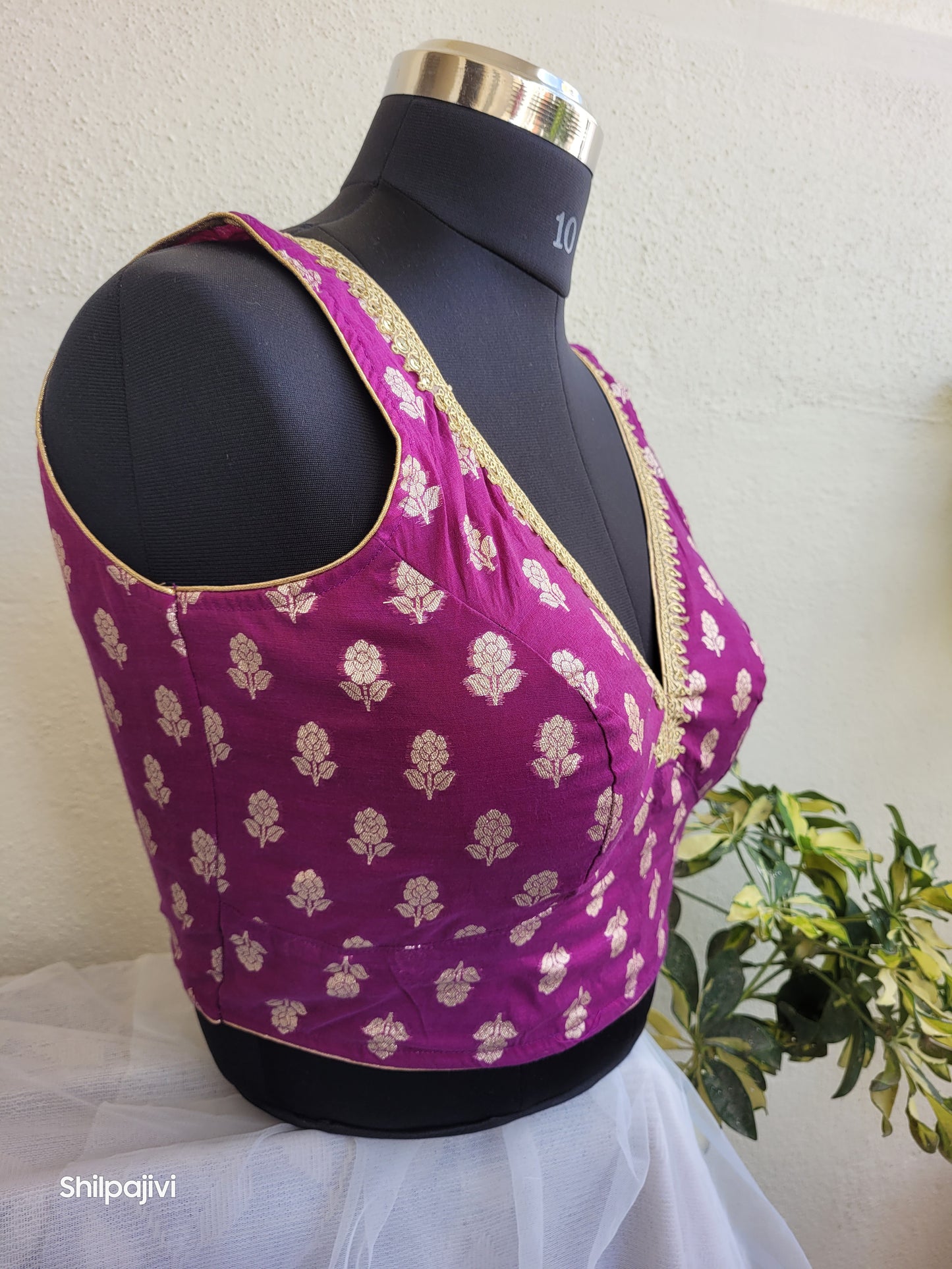 Silk Butta sleeveless padded purple Blouse