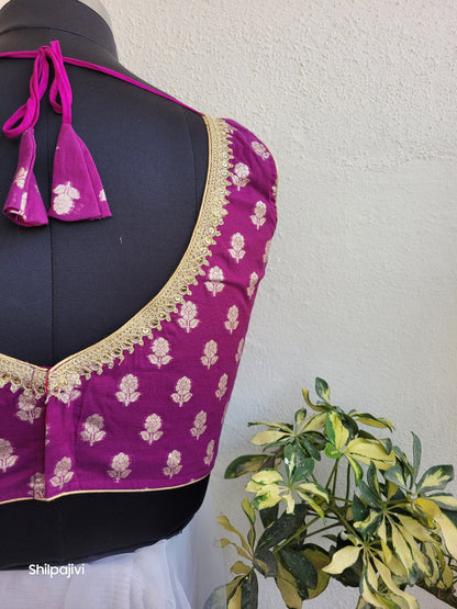 Silk Butta sleeveless padded purple Blouse