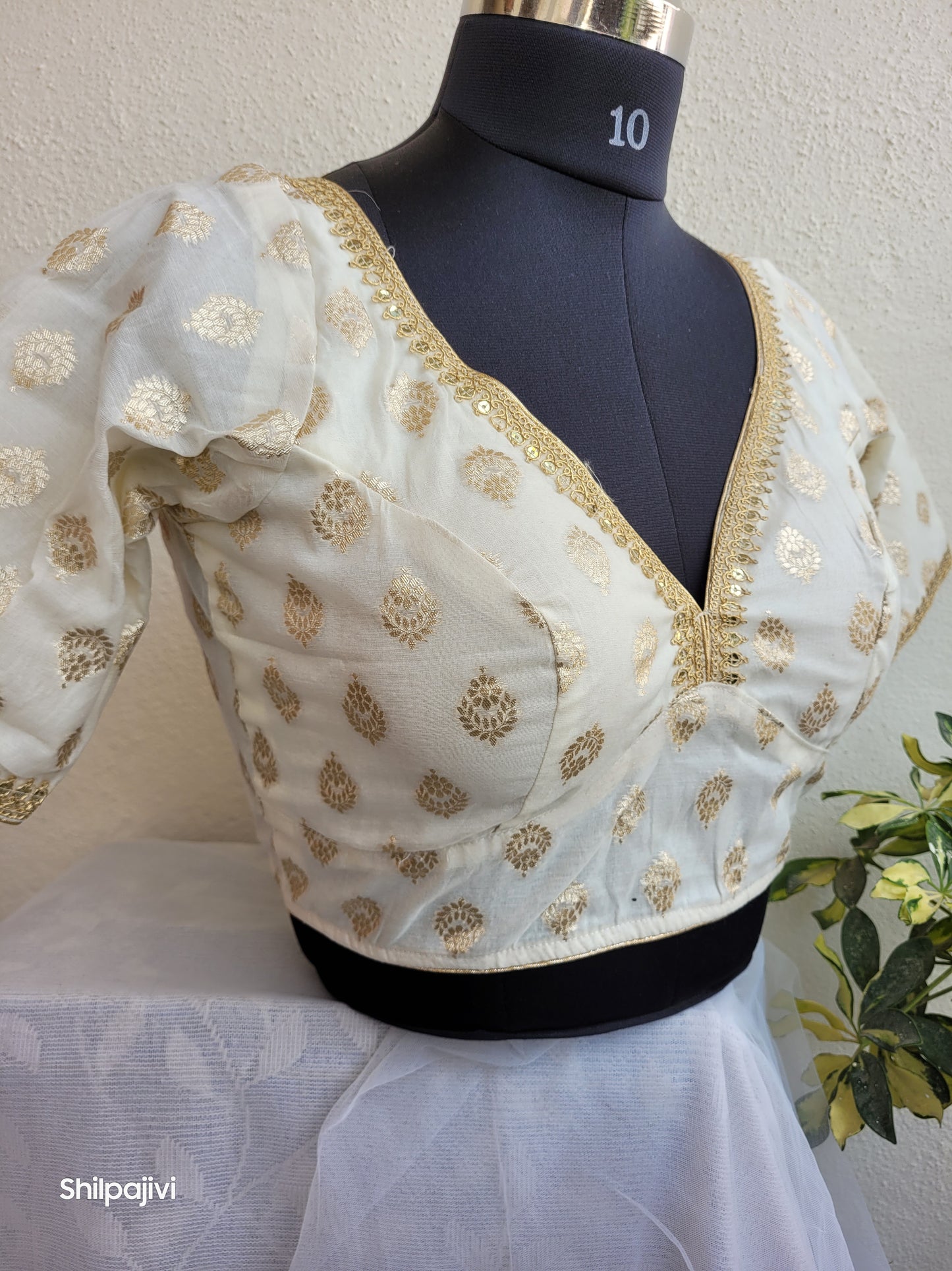 Silk Bindi Zari Butta Blouse with Sequence Lace work