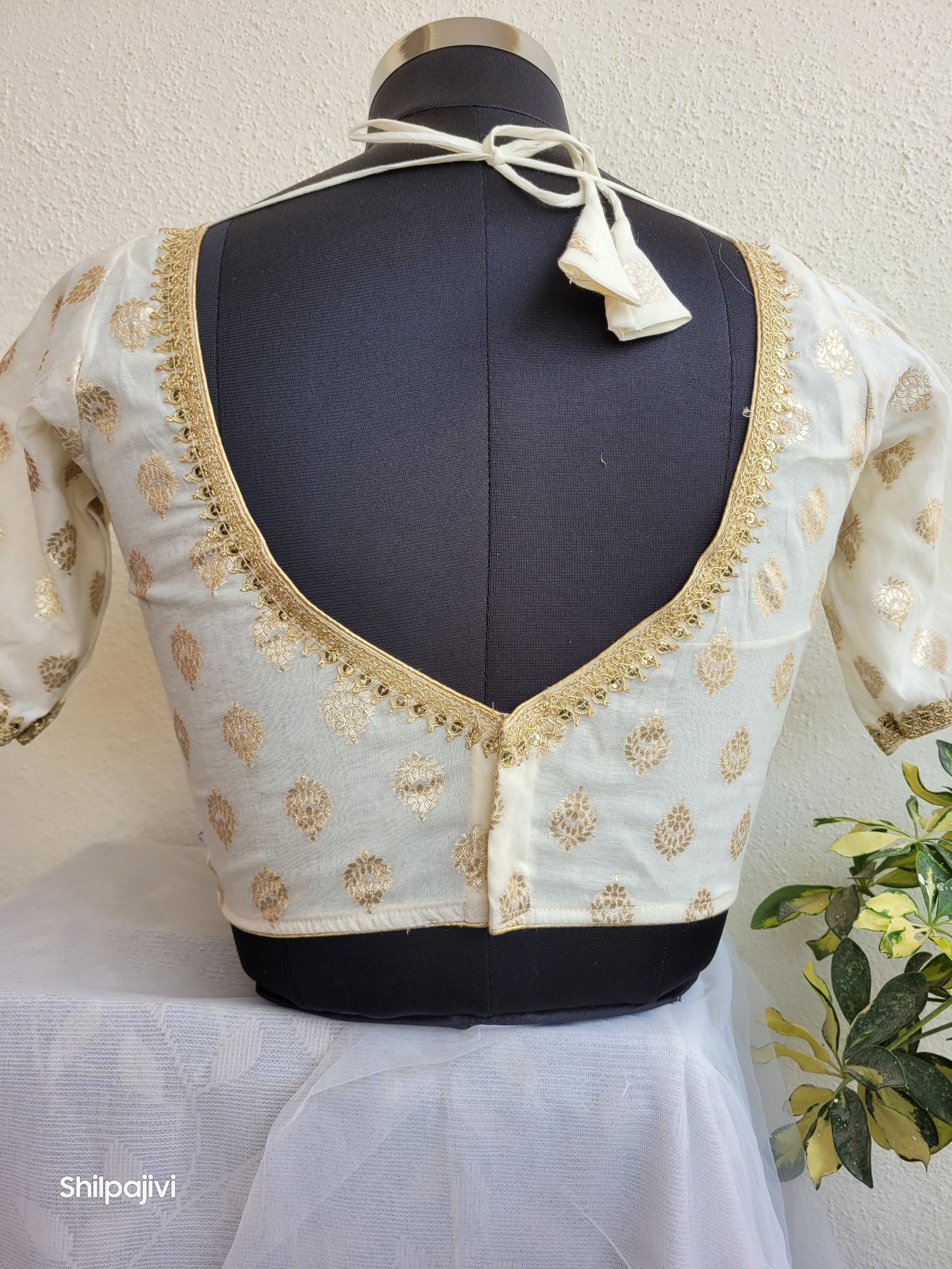 Silk Bindi Zari Butta Blouse with Sequence Lace work