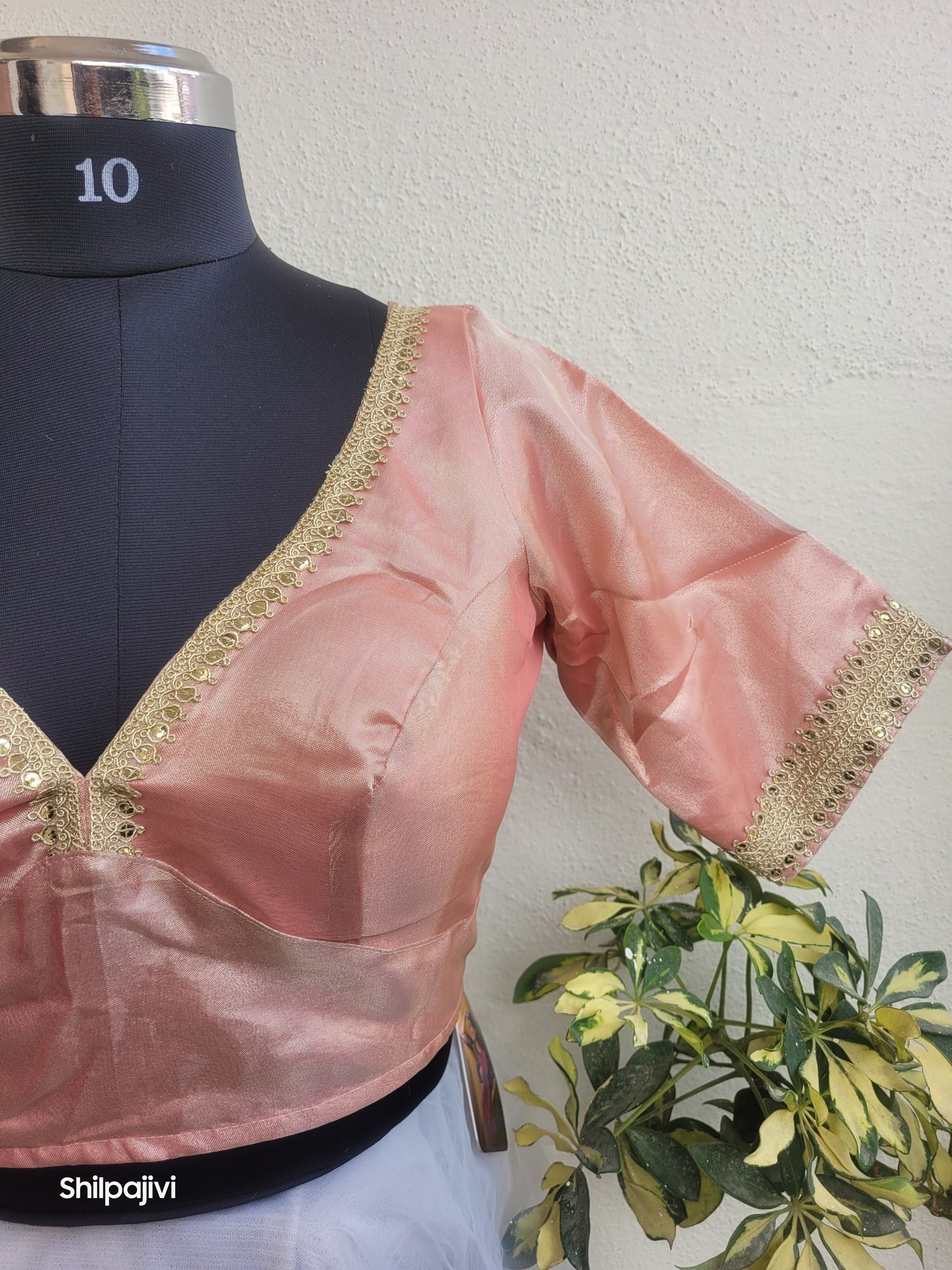 Shimmery Peach Tissue Silk Blouse with Sequence Lace