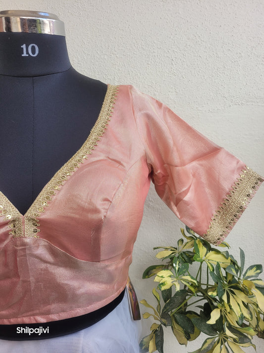 Shimmery Peach Tissue Silk Blouse with Sequence Lace