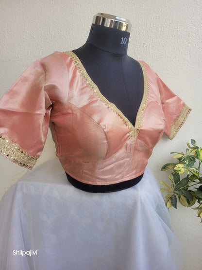 Shimmery Peach Tissue Silk Blouse with Sequence Lace