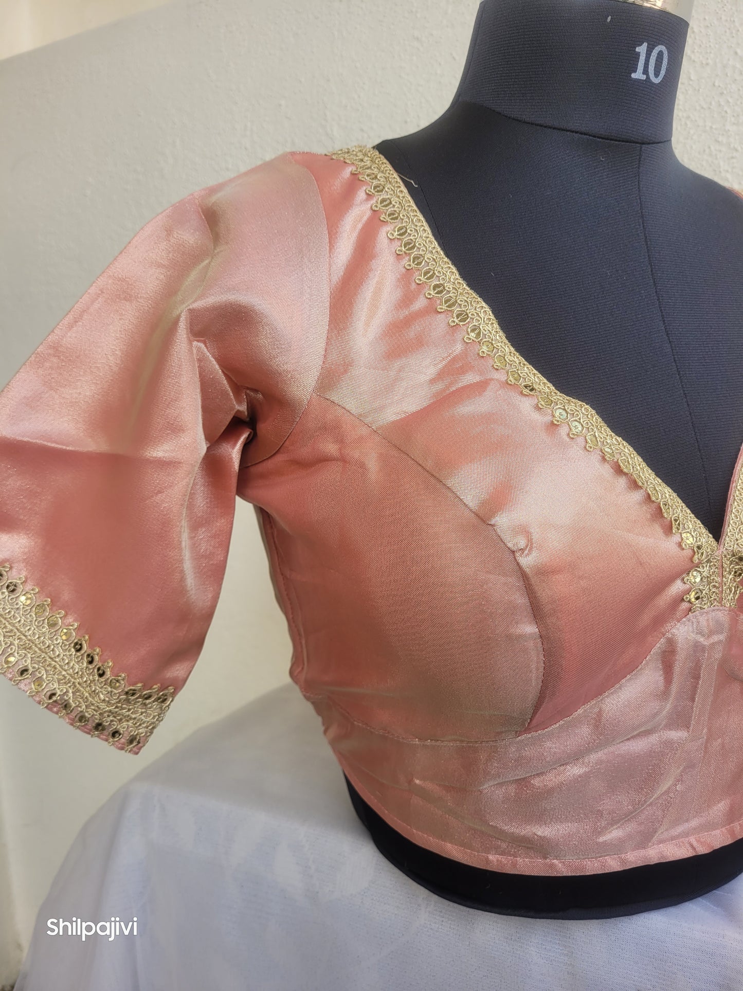 Shimmery Peach Tissue Silk Blouse with Sequence Lace