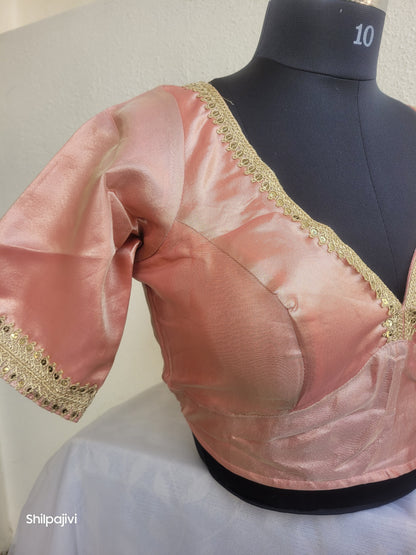 Shimmery Peach Tissue Silk Blouse with Sequence Lace
