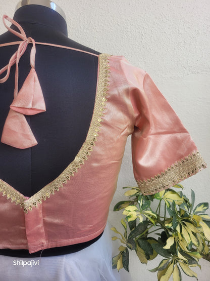 Shimmery Peach Tissue Silk Blouse with Sequence Lace