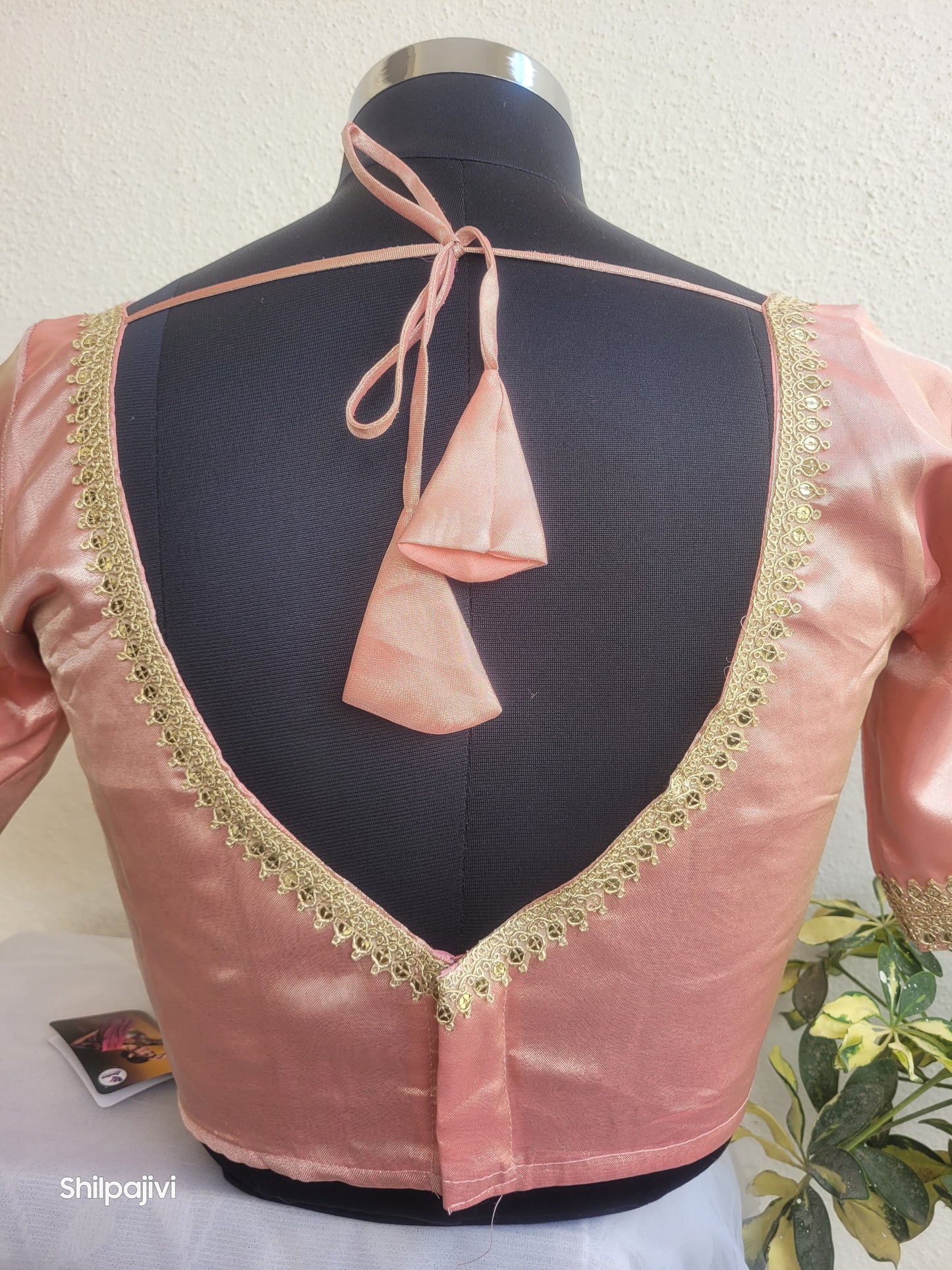 Shimmery Peach Tissue Silk Blouse with Sequence Lace