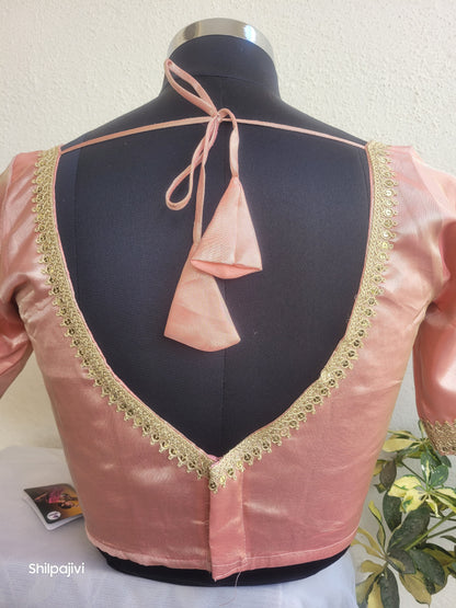 Shimmery Peach Tissue Silk Blouse with Sequence Lace
