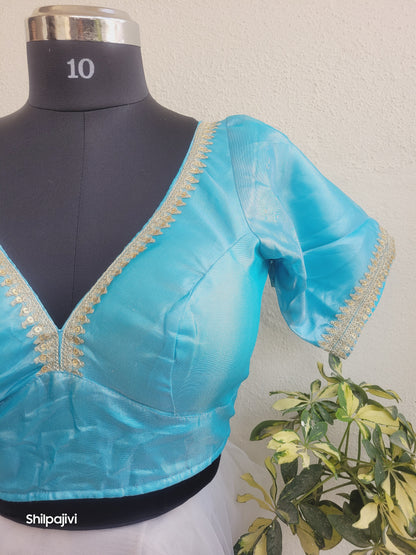 Shimmery Sky Blue Tissue Silk Blouse with Sequence Lace