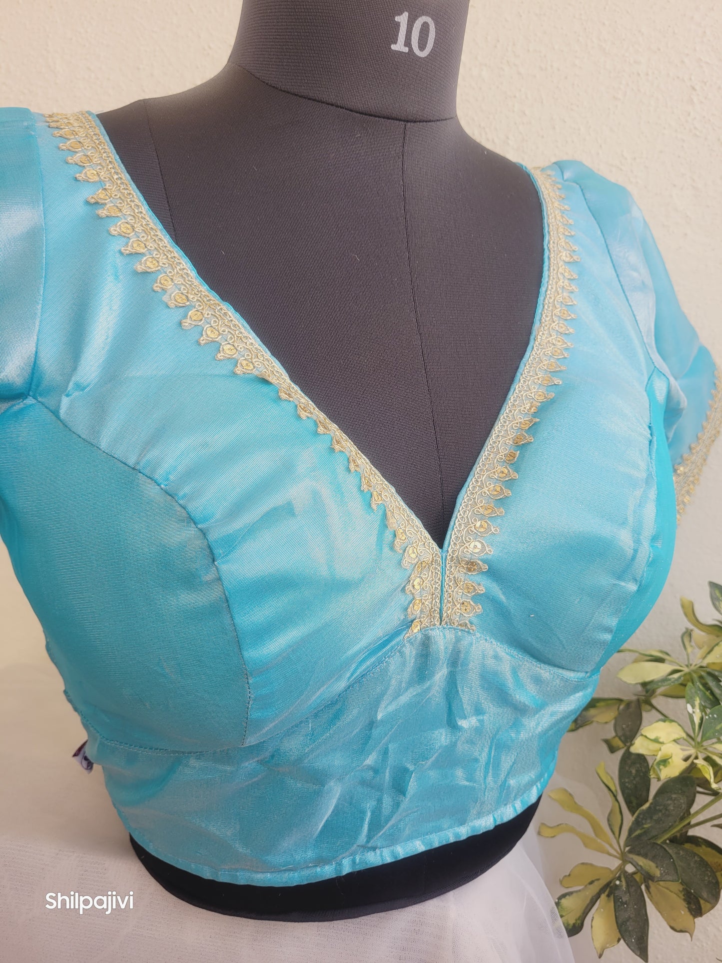 Shimmery Sky Blue Tissue Silk Blouse with Sequence Lace