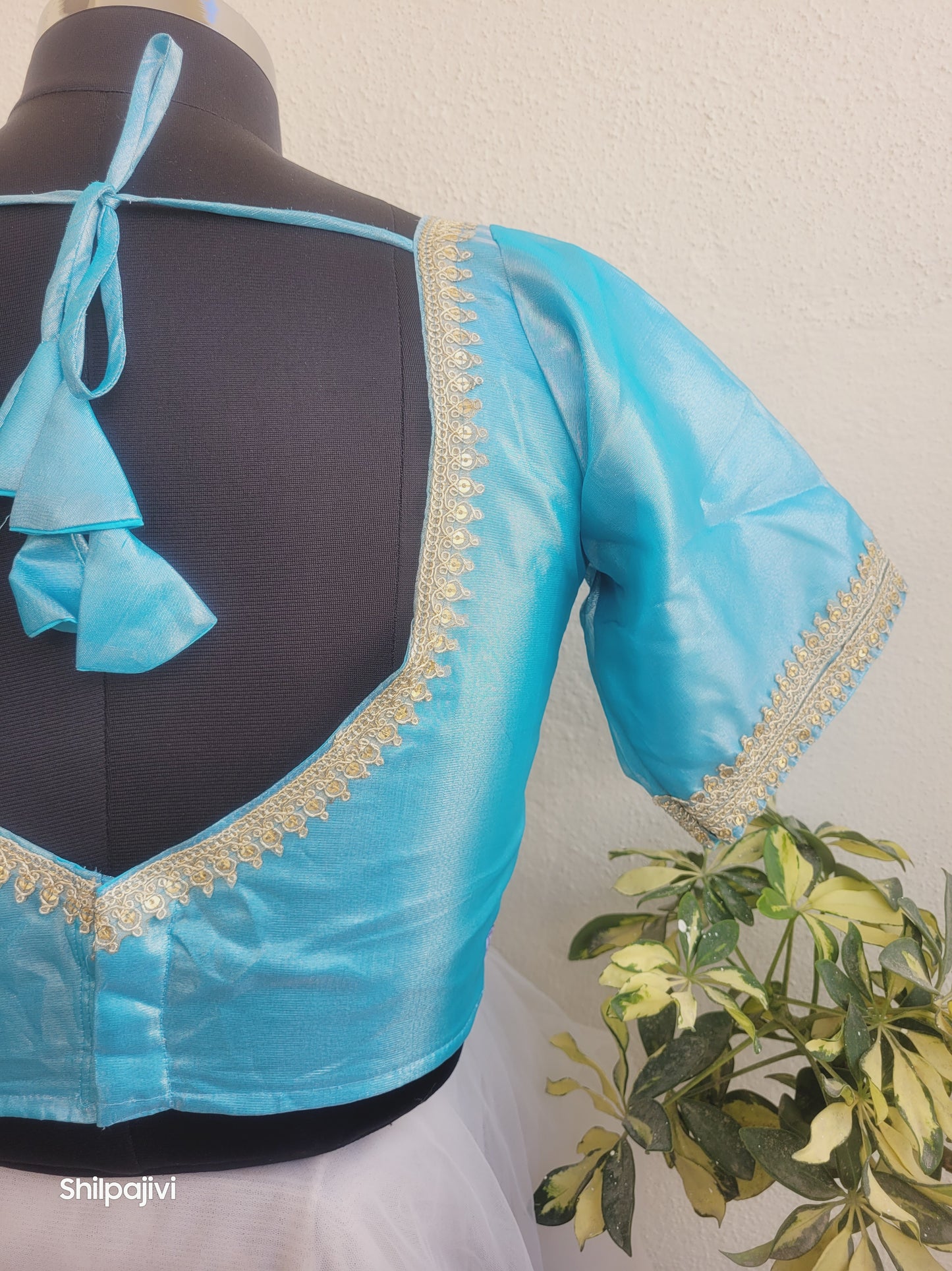 Shimmery Sky Blue Tissue Silk Blouse with Sequence Lace