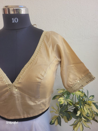 Shimmery Gold Tissue Silk Blouse with Sequence Lace