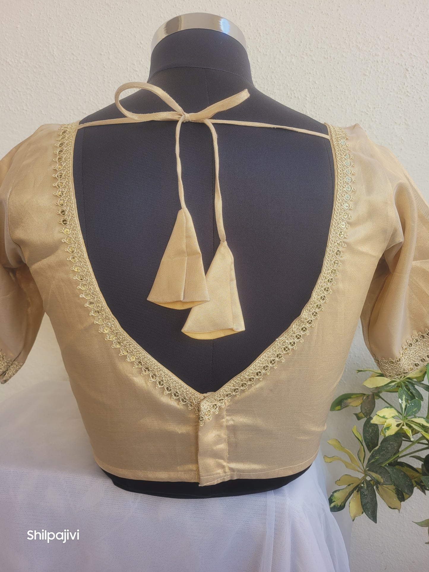 Shimmery Gold Tissue Silk Blouse with Sequence Lace