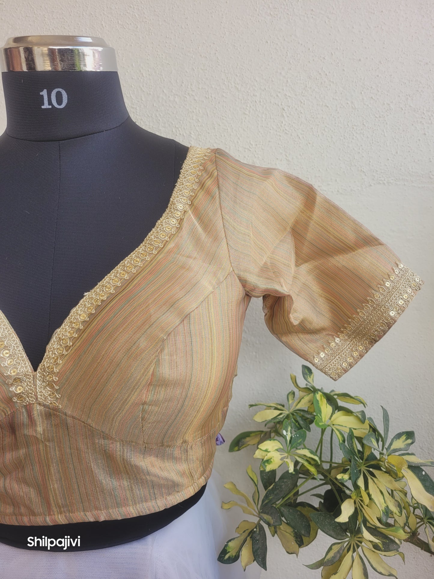 Shimmery Gold self stripes Tissue Silk Blouse with Sequence Lace