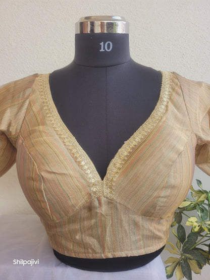 Shimmery Gold self stripes Tissue Silk Blouse with Sequence Lace