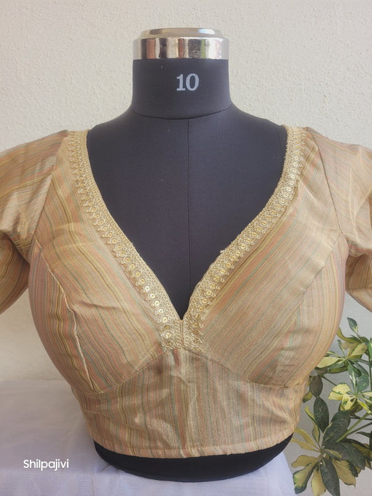 Shimmery Gold self stripes Tissue Silk Blouse with Sequence Lace