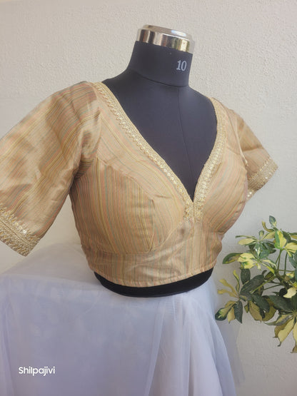 Shimmery Gold self stripes Tissue Silk Blouse with Sequence Lace