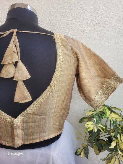 Shimmery Gold self stripes Tissue Silk Blouse with Sequence Lace
