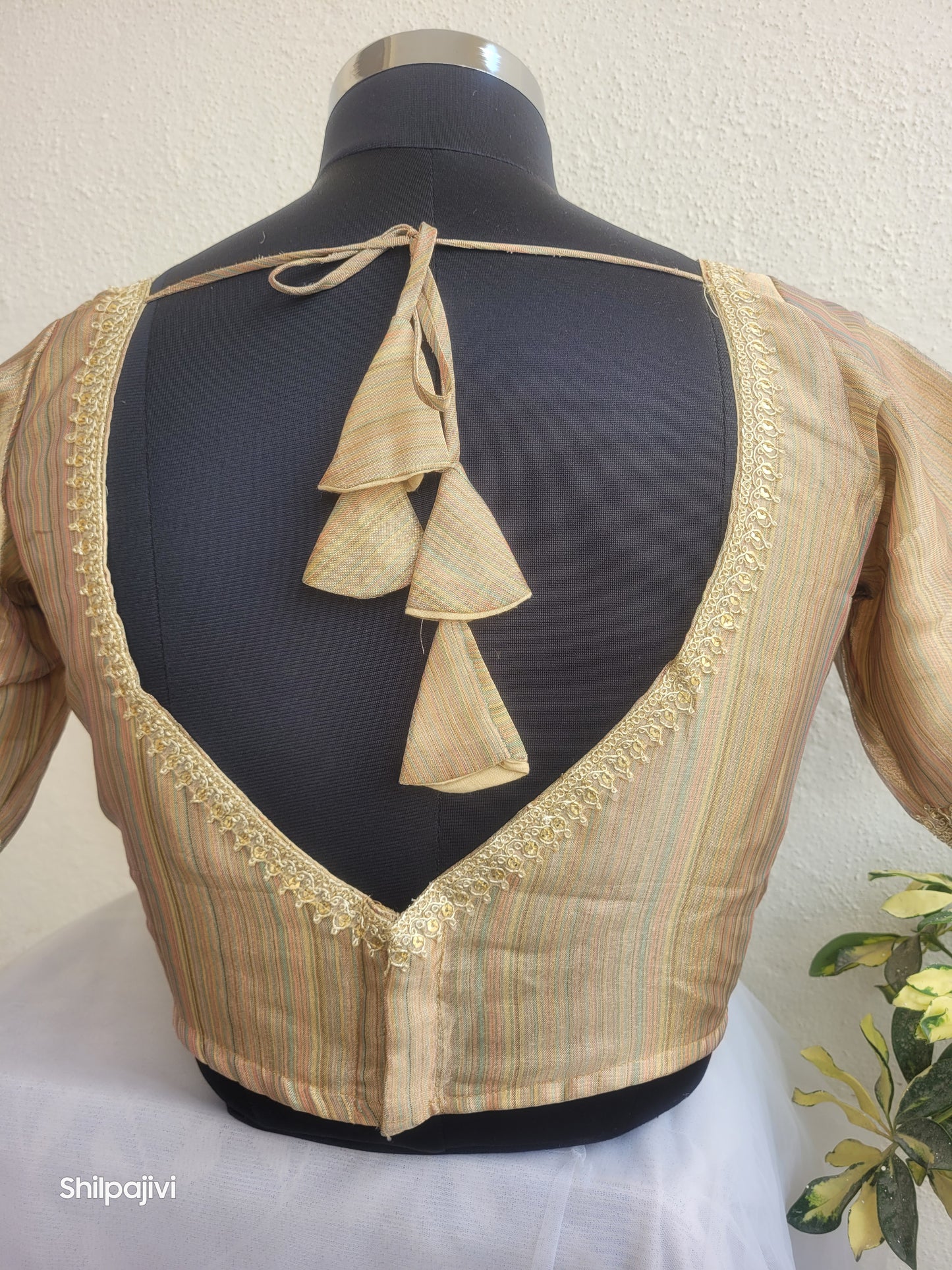 Shimmery Gold self stripes Tissue Silk Blouse with Sequence Lace