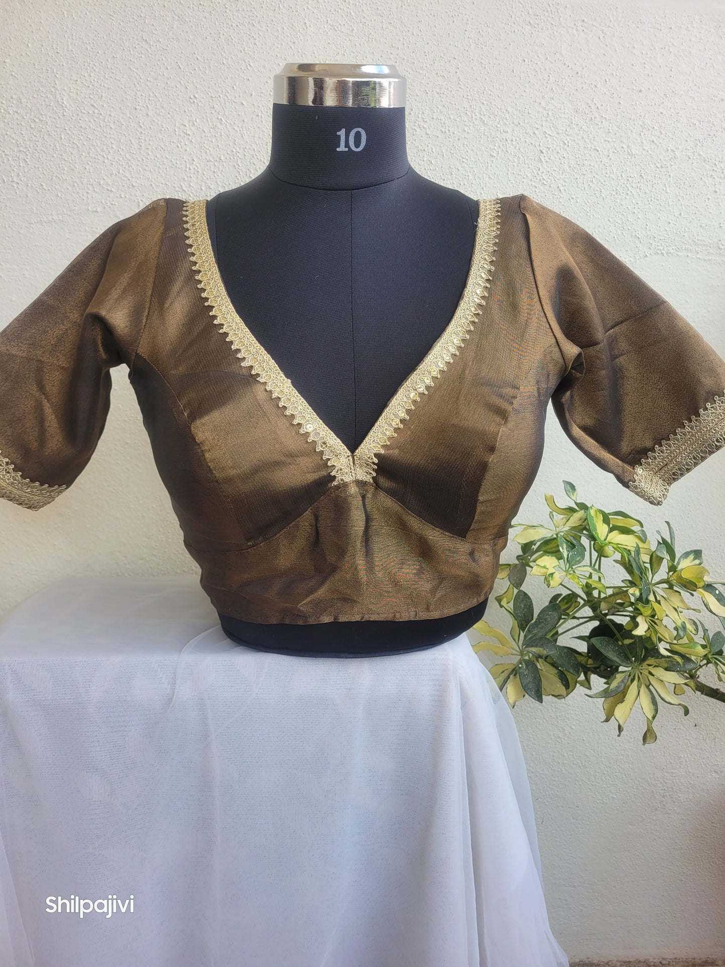 Shimmery Dark Brown Tissue Silk Blouse with Sequence Lace