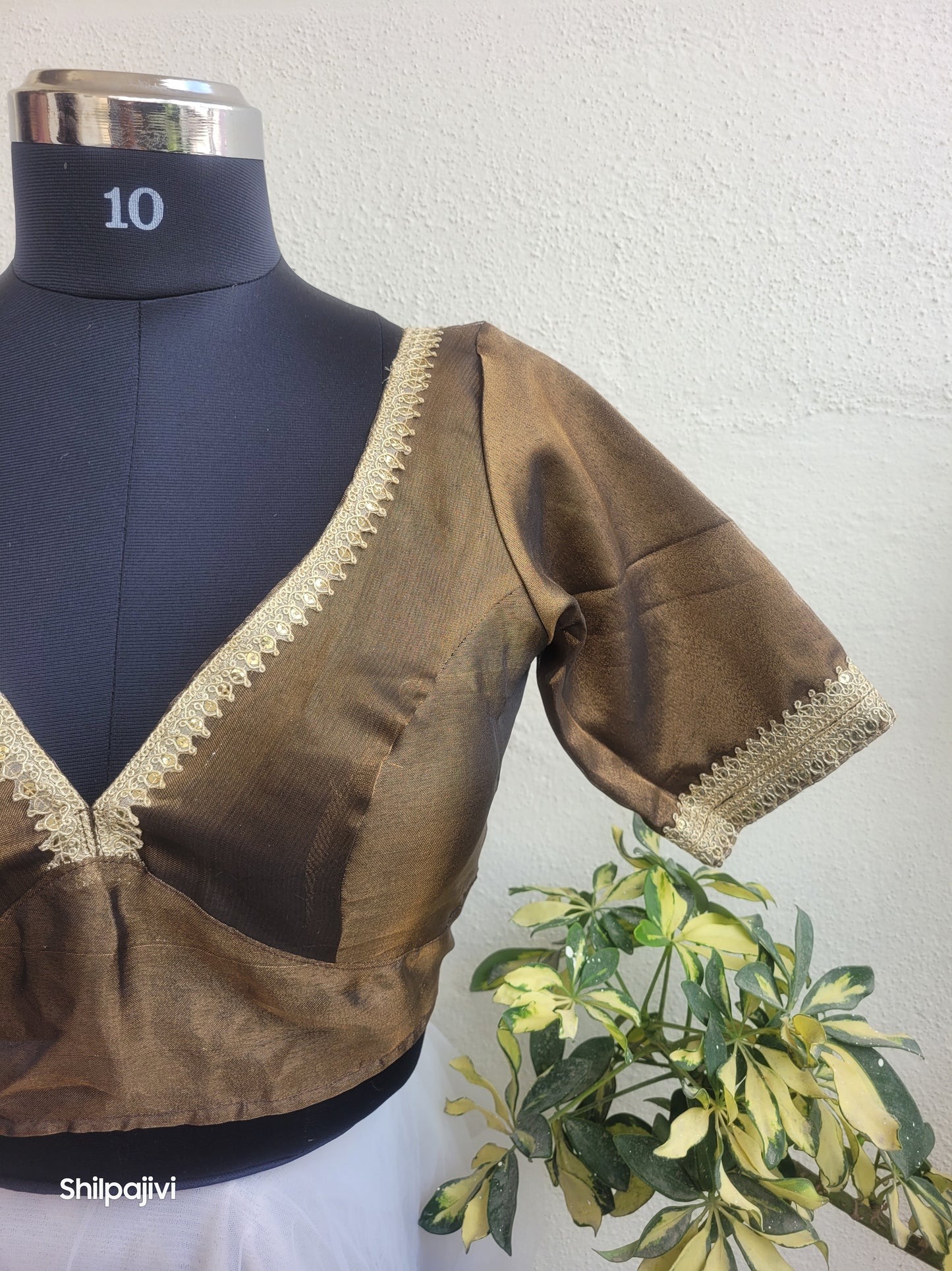 Shimmery Dark Brown Tissue Silk Blouse with Sequence Lace