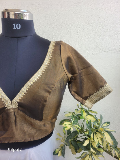 Shimmery Dark Brown Tissue Silk Blouse with Sequence Lace