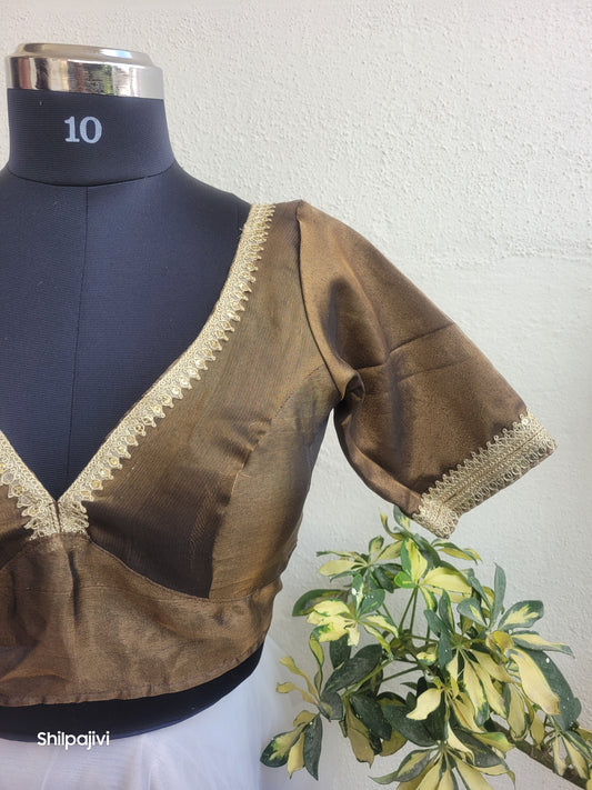 Shimmery Dark Brown Tissue Silk Blouse with Sequence Lace