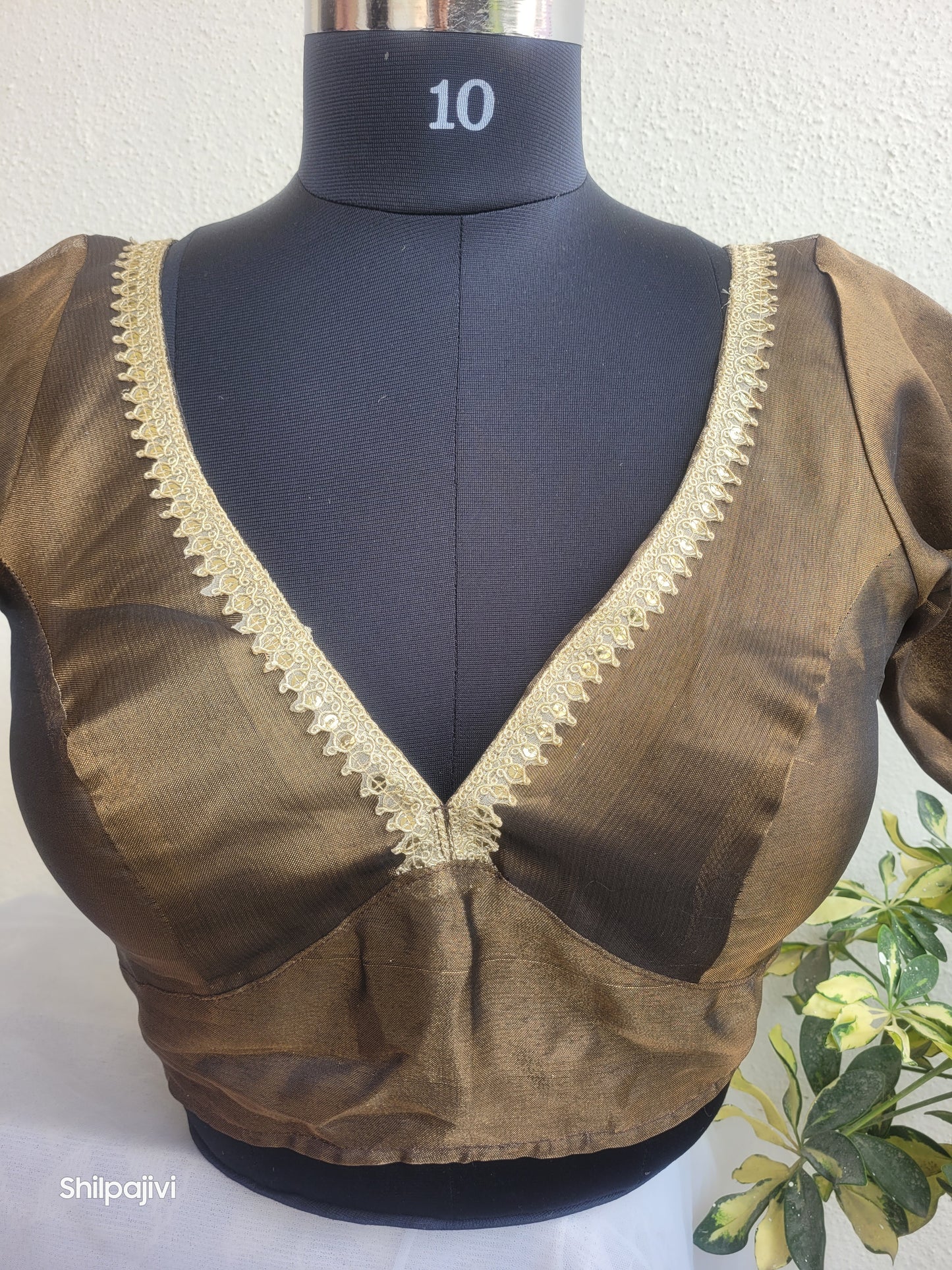 Shimmery Dark Brown Tissue Silk Blouse with Sequence Lace