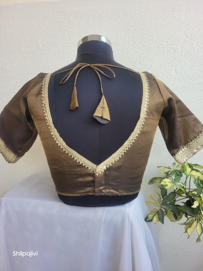 Shimmery Dark Brown Tissue Silk Blouse with Sequence Lace