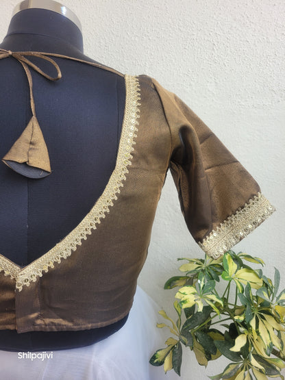 Shimmery Dark Brown Tissue Silk Blouse with Sequence Lace