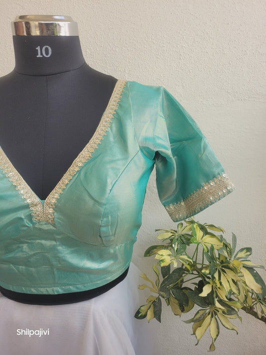 Shimmery Sea Green Tissue Silk Blouse with Sequence Lace