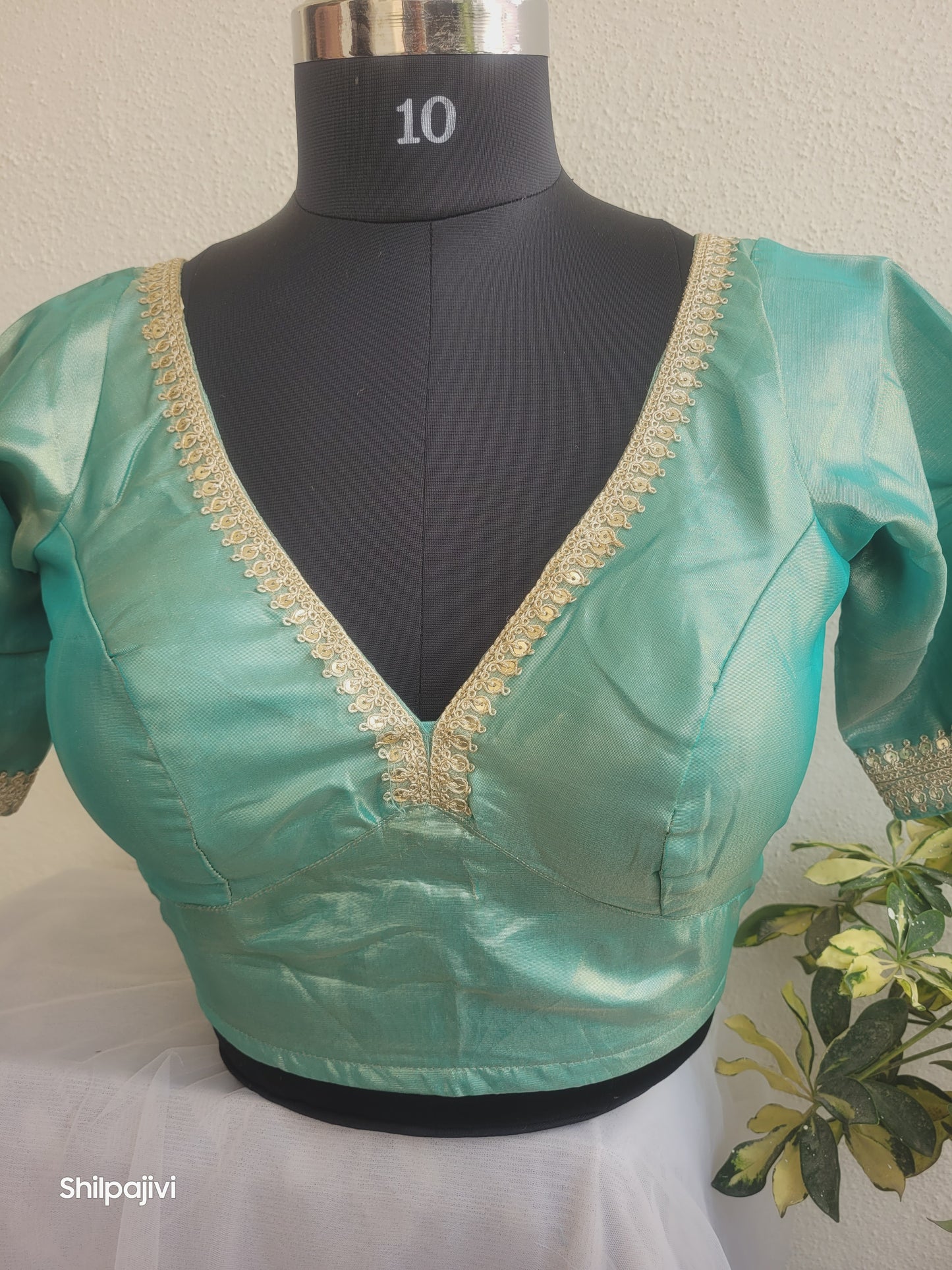 Shimmery Sea Green Tissue Silk Blouse with Sequence Lace