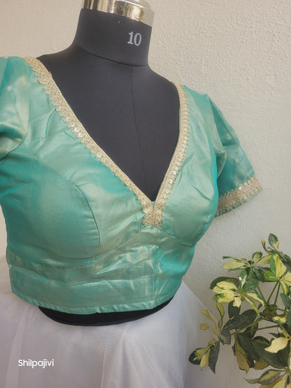 Shimmery Sea Green Tissue Silk Blouse with Sequence Lace