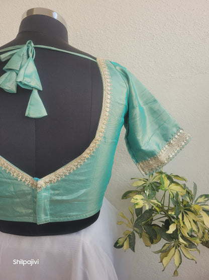 Shimmery Sea Green Tissue Silk Blouse with Sequence Lace