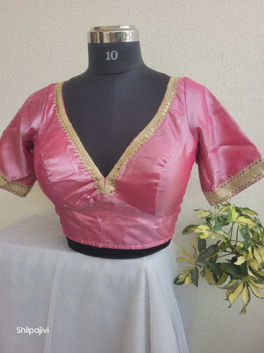 Shimmery Rani Pink Tissue Silk Blouse with Sequence Lace