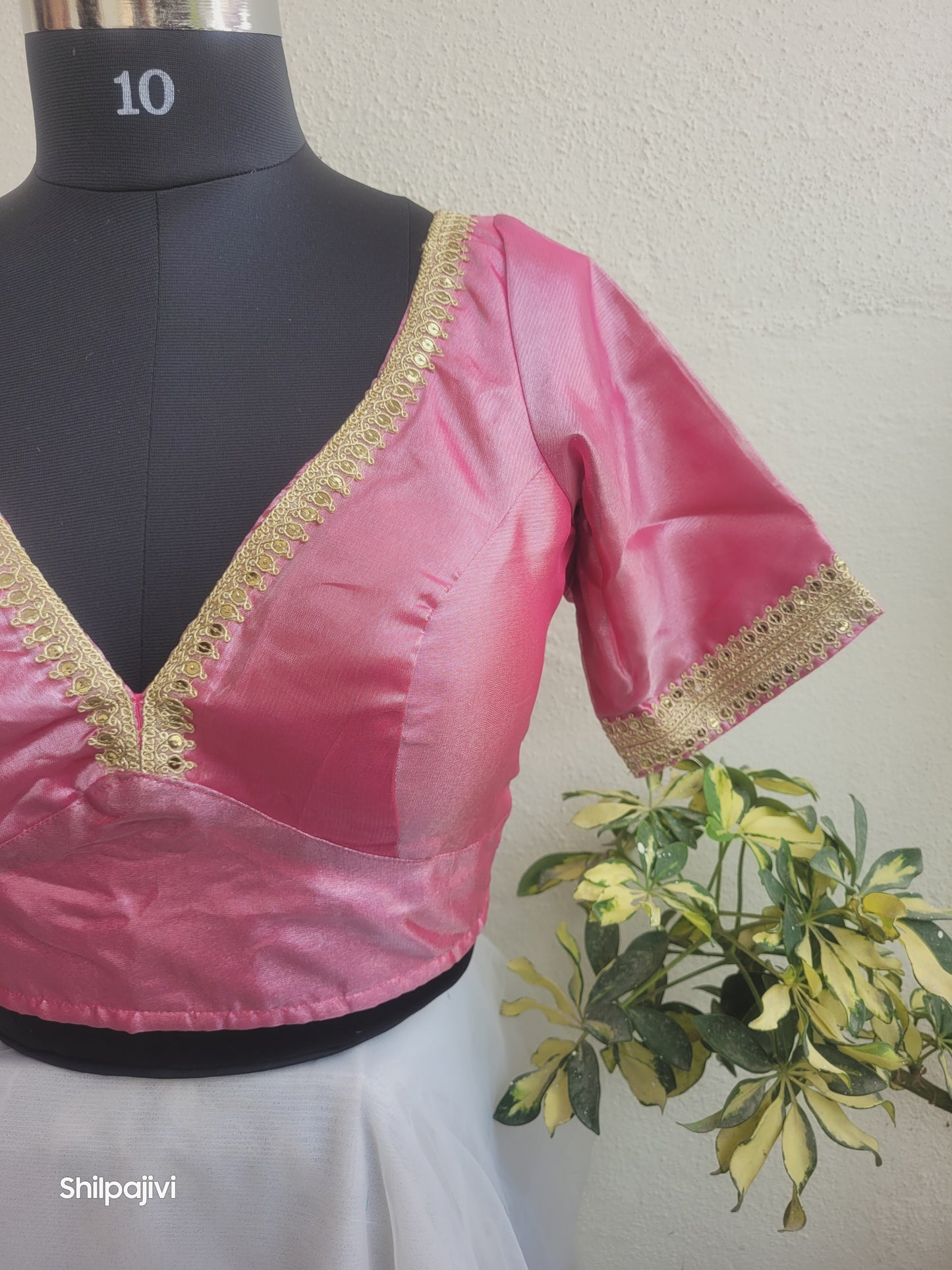 Shimmery Rani Pink Tissue Silk Blouse with Sequence Lace