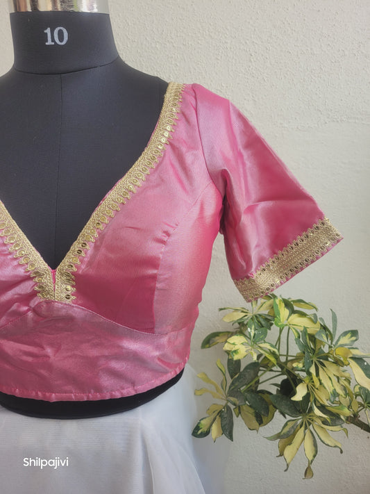 Shimmery Rani Pink Tissue Silk Blouse with Sequence Lace