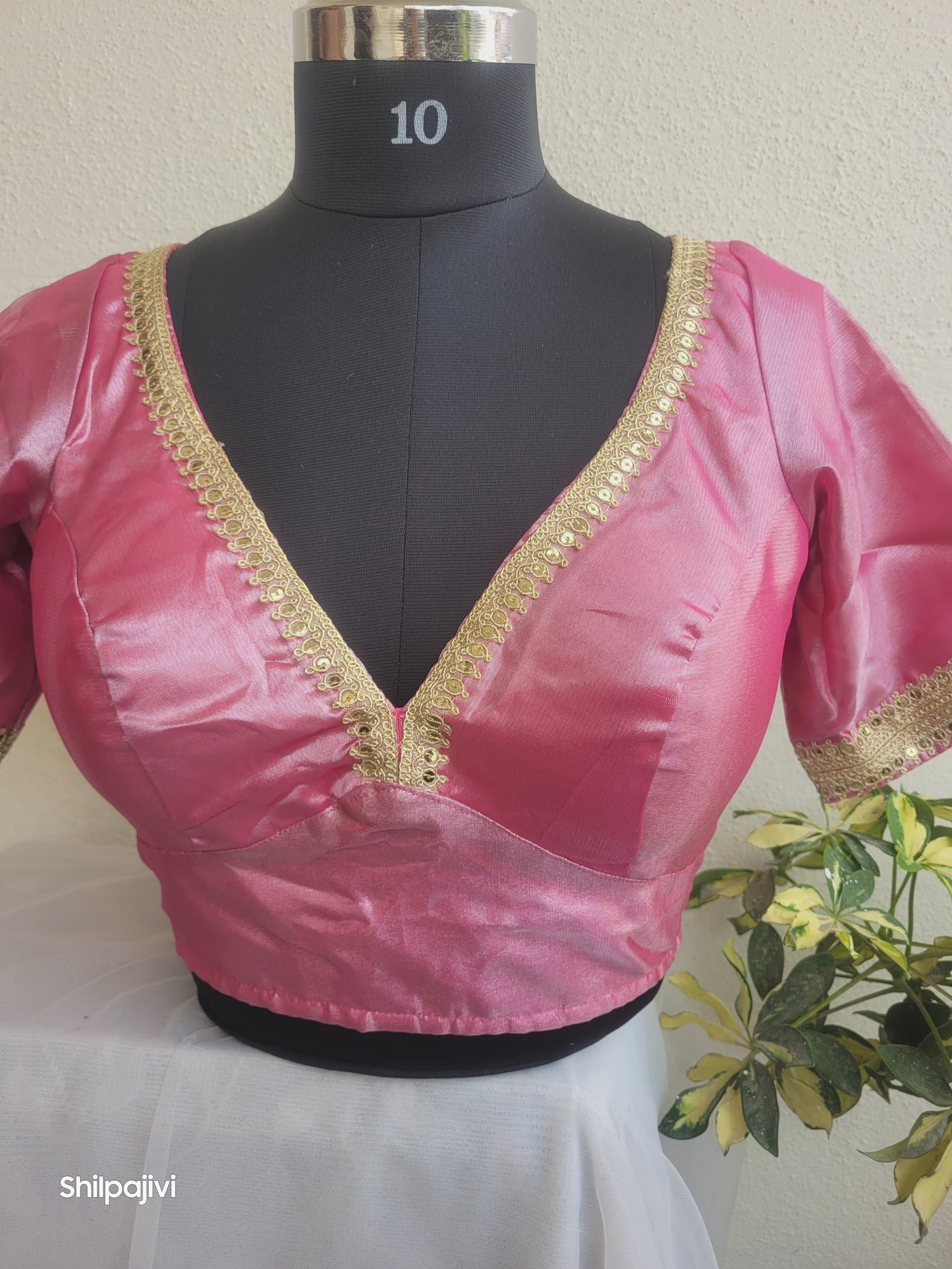 Shimmery Rani Pink Tissue Silk Blouse with Sequence Lace