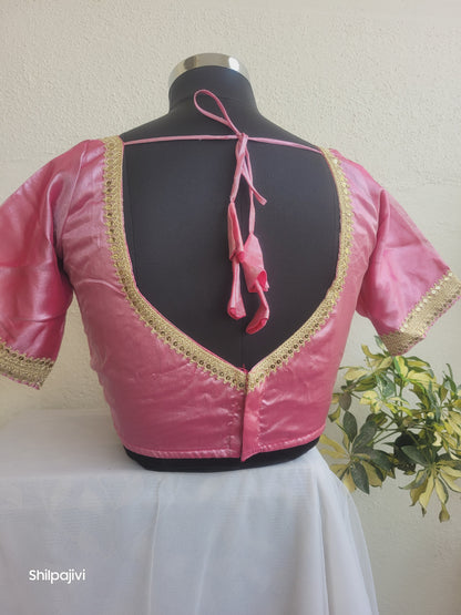 Shimmery Rani Pink Tissue Silk Blouse with Sequence Lace