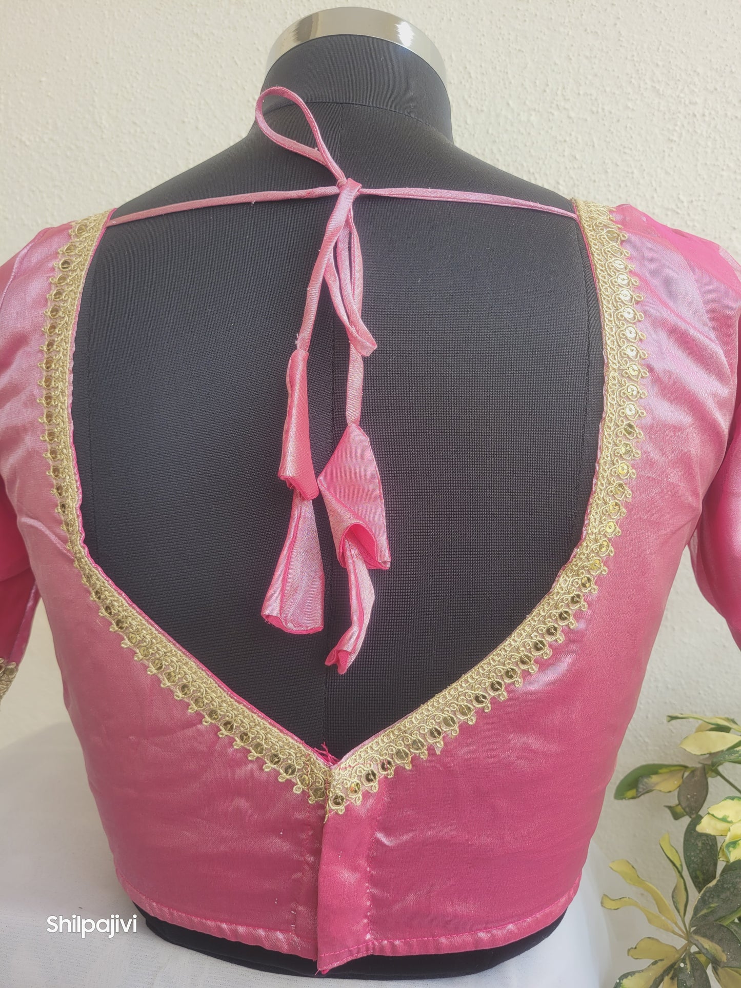 Shimmery Rani Pink Tissue Silk Blouse with Sequence Lace