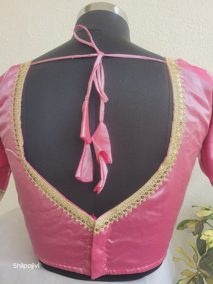 Shimmery Rani Pink Tissue Silk Blouse with Sequence Lace