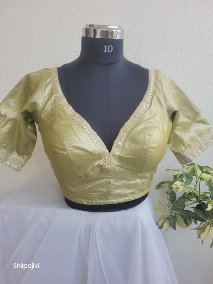 Shimmery Moss Green Tissue Silk Blouse with Sequence Lace