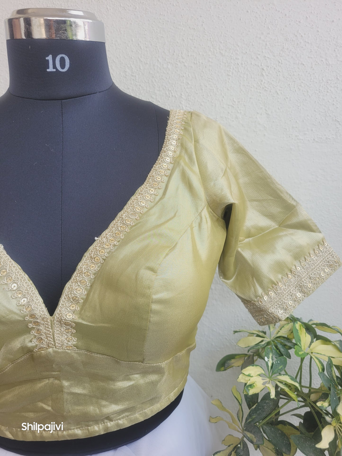 Shimmery Moss Green Tissue Silk Blouse with Sequence Lace
