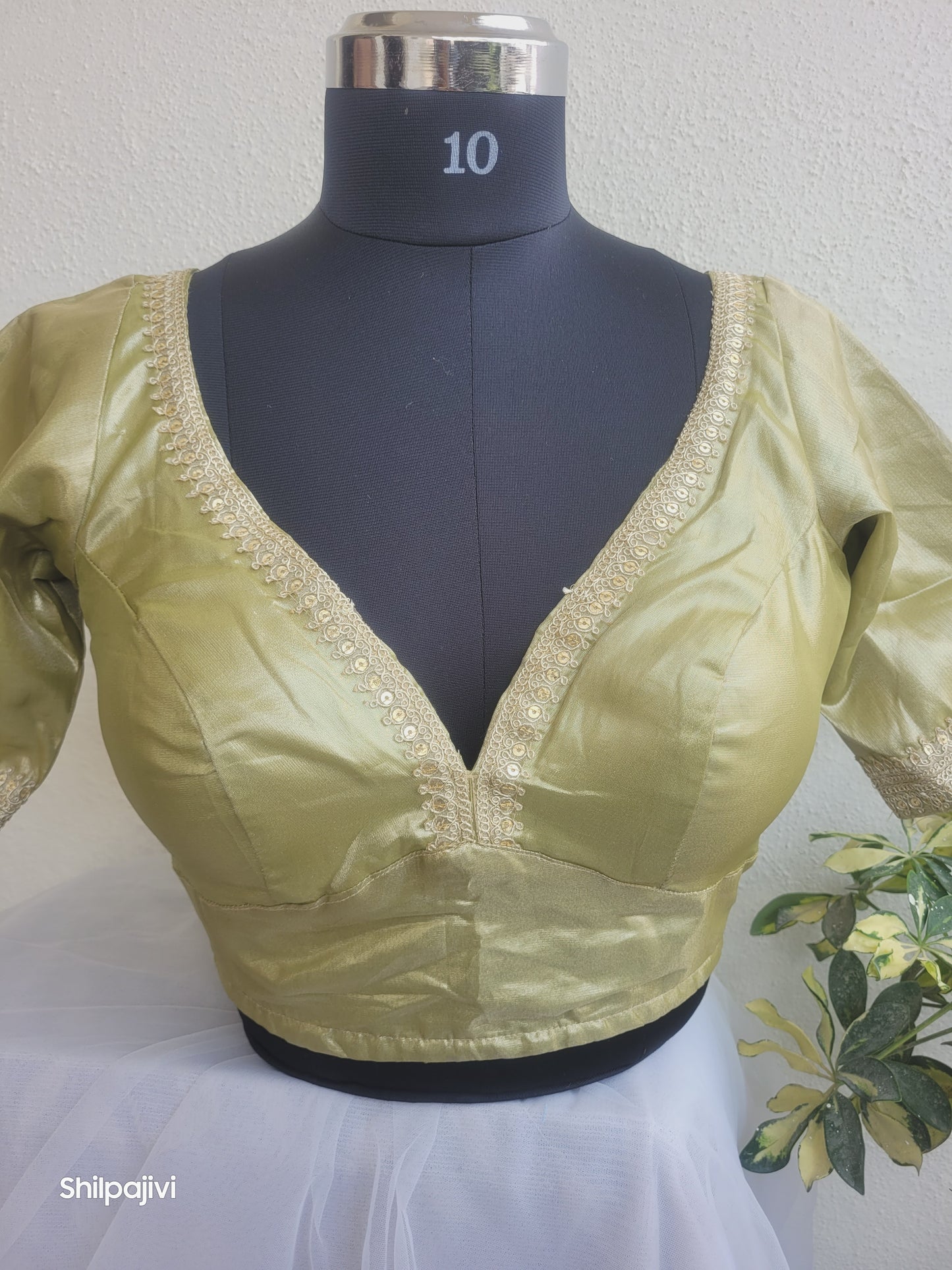 Shimmery Moss Green Tissue Silk Blouse with Sequence Lace